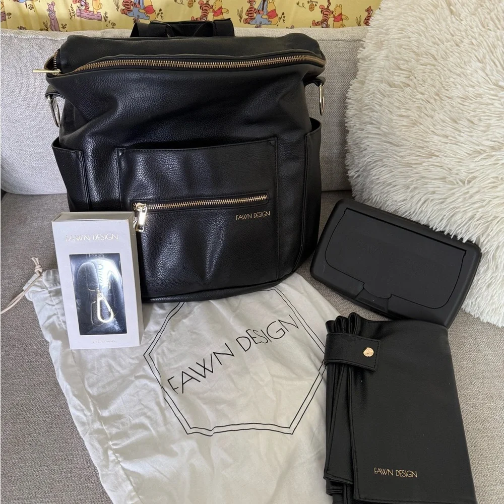Fawn Design Black Leather Backpack with Gold Hardware